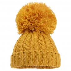 H650-M: Mustard Cable Knit Hat w/Pom Poms (0-12m)